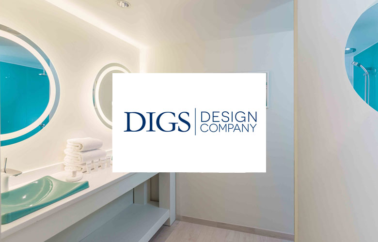 Digs Design logo on top of picture of bathroom with sinks and mirrors