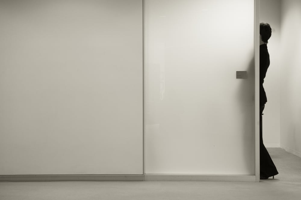 Businesswoman in glass office with heavily opaque glass blurring half of her out