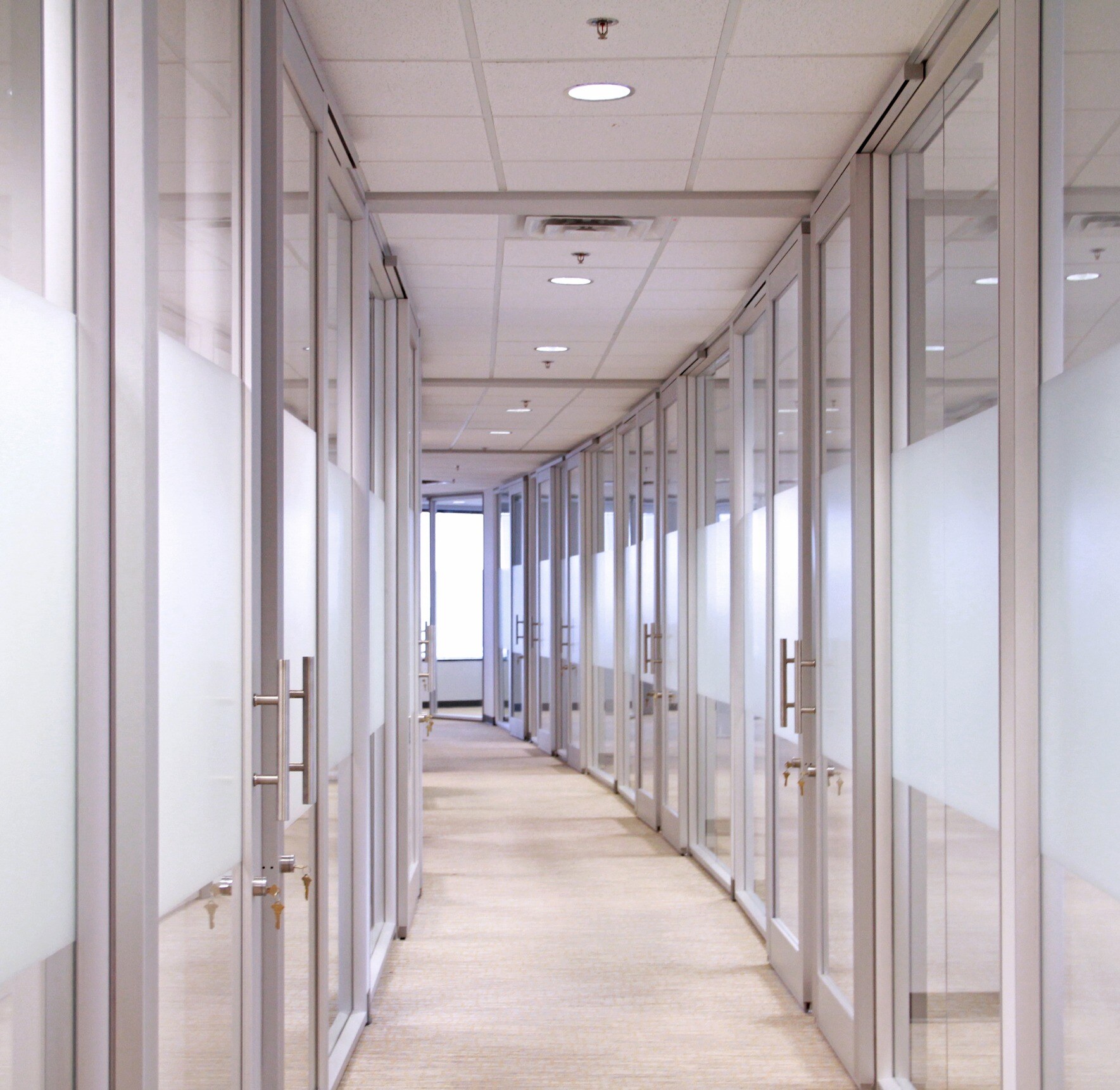 Glass office walls with opaque frosted glass in the middle of each wall-1