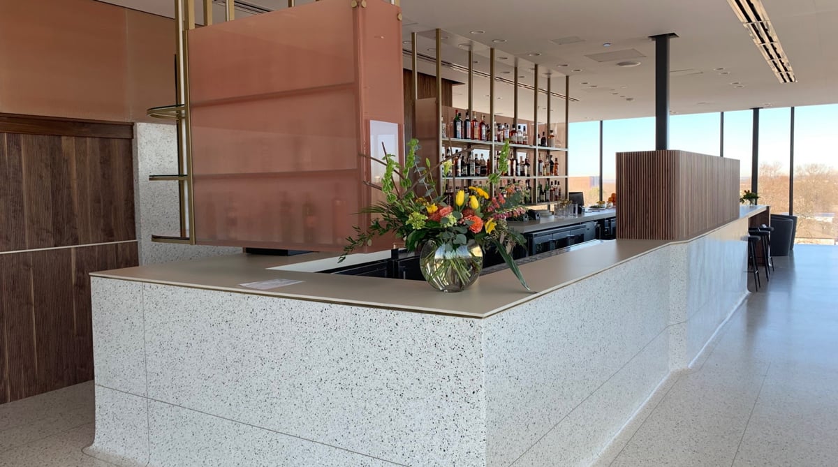 Laminated glass counter tops in modern design restaurant bar