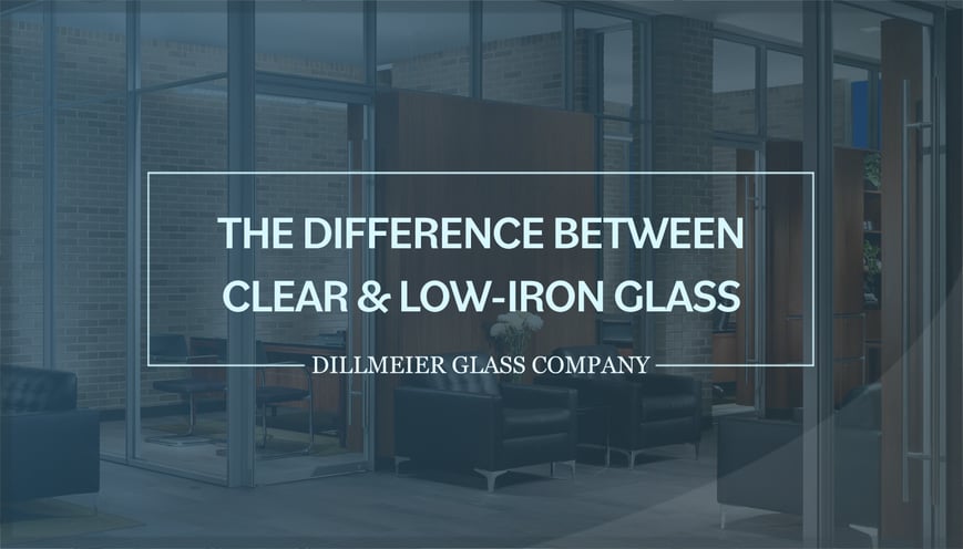 Glass wall office with brick wall in background and text - The Difference Between Clear & Low-Iron Glass