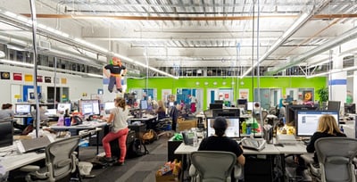 Large glass office walls in tech company headquarters