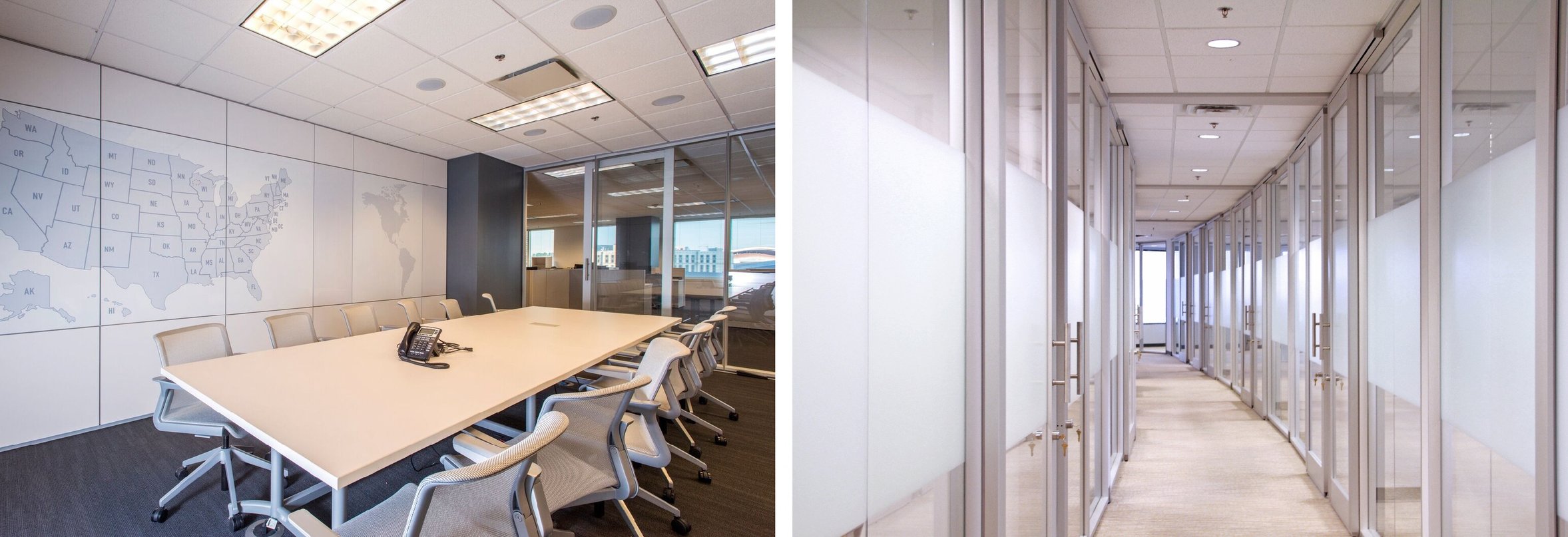 Glass office walls in brightly lit office