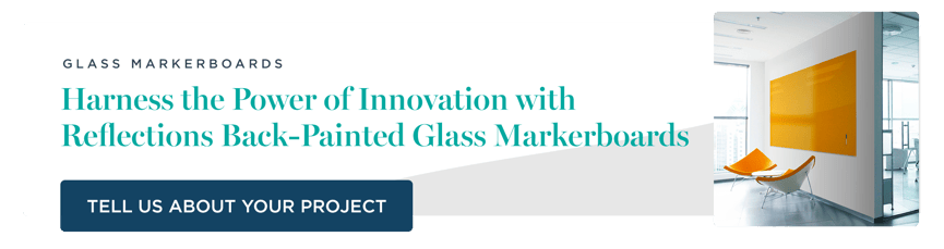 Glass Markerboards CTA with text - Harness the Power of Innovation with Reflections Back-Painted Glass Markerboards - and button - Tell us about your project