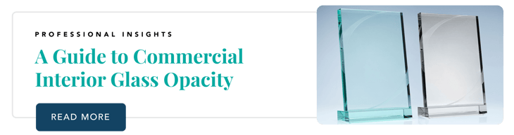 Side by side low-iron glass next to clear glass with text - A guide to commercial interior glass opacity