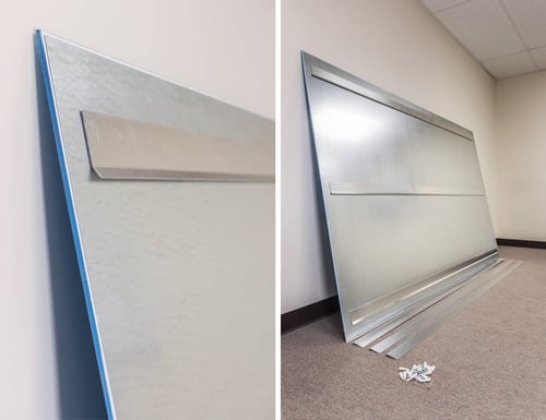 Close up images of the back of a markerboard being prepped for installation