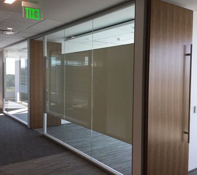 Glass office wall with middle privacy section