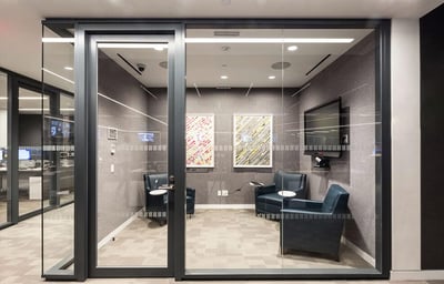 Office with glass walls and black trim