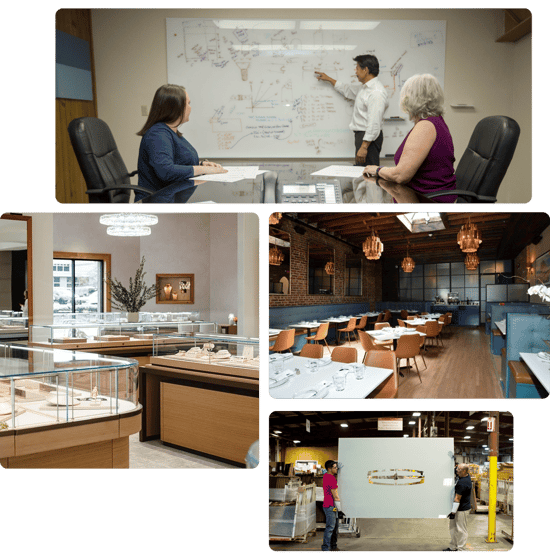 Collage of images of Dillmeier staff, and custom glass projects for retail and restaurant clients