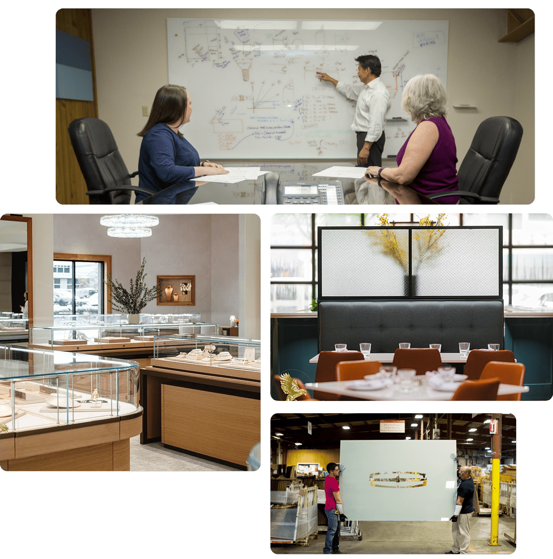 Collage of images of Dillmeier staff, and custom glass projects for retail and the restaurant clients