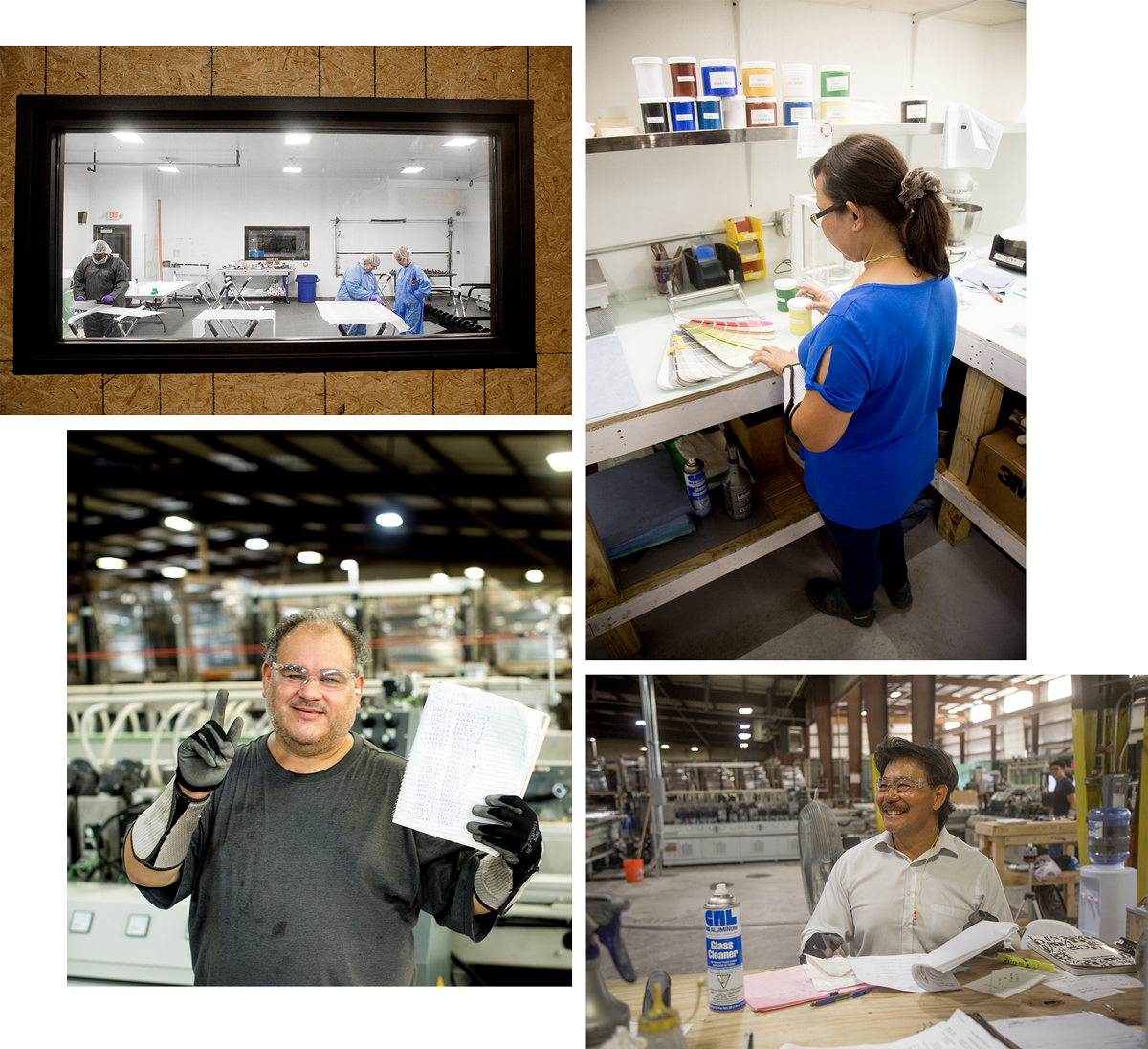 Dillmeier Employees lifting glass, picking glass colors and in the warehouse
