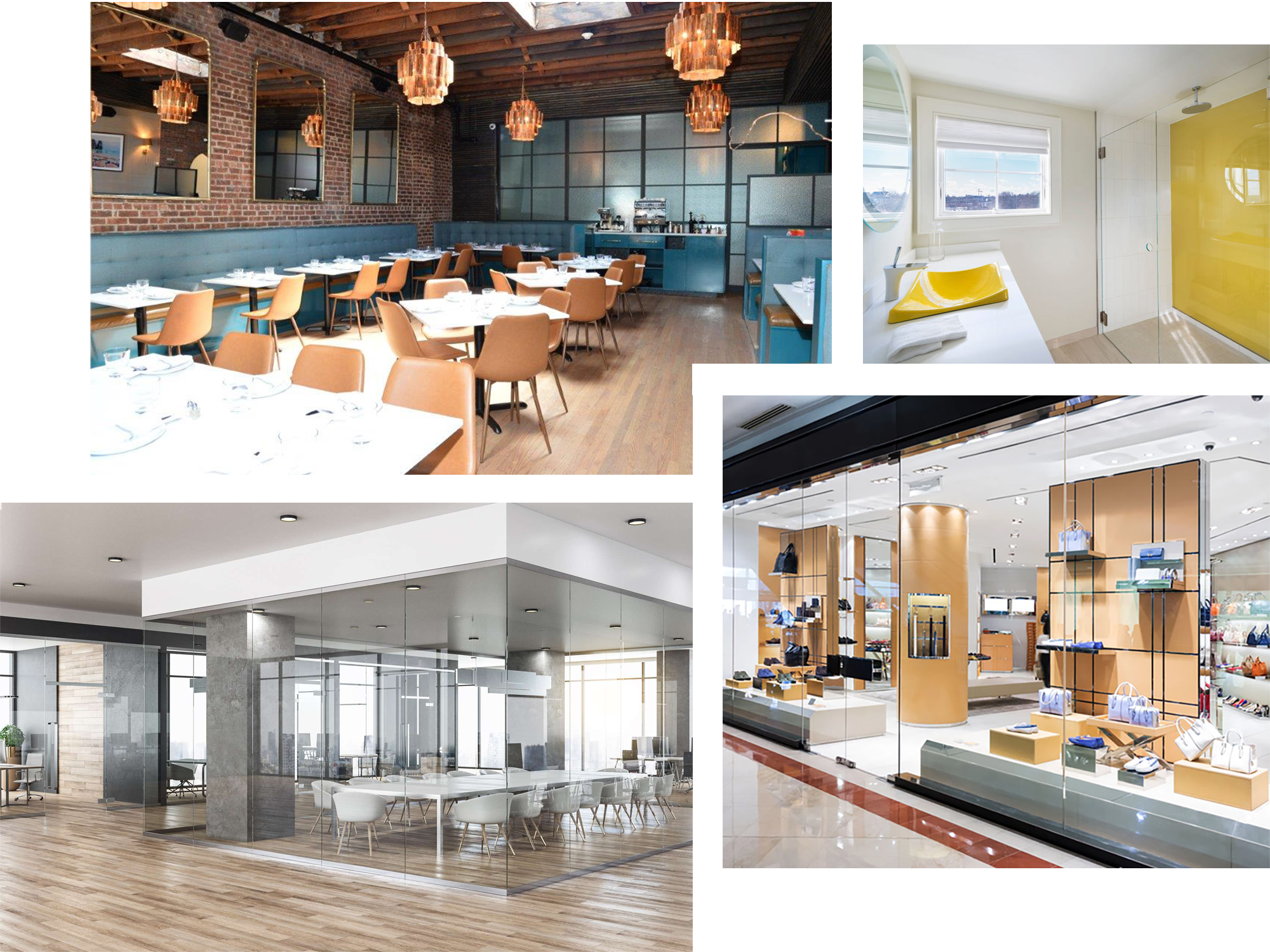 Collage-of-glass-images---glass-office-walls,-glass-shower-walls,-and-retail-displays