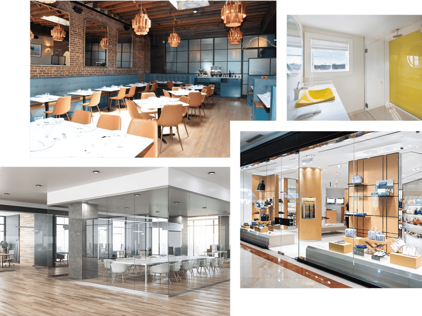 Collage of glass images - glass office walls, glass shower walls, and retail displays