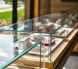 Close-up of jewelry display cases with smooth, clean edgework and polishing