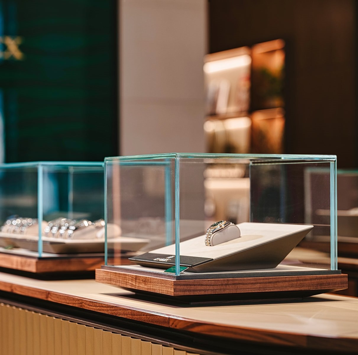 Watch display cases inside luxury jewelry store