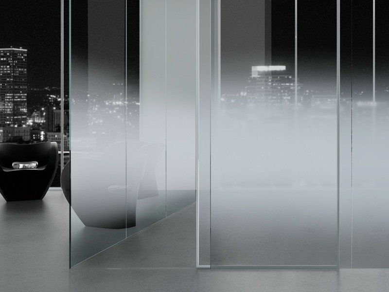 Dark black and white office with white gradient glass from bottom to top