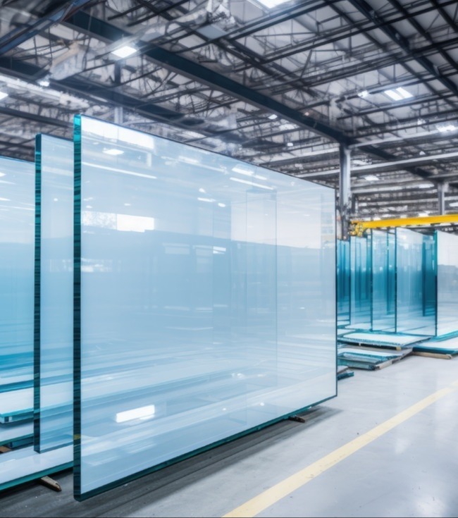 Large sheets of glass lined up in warehouse