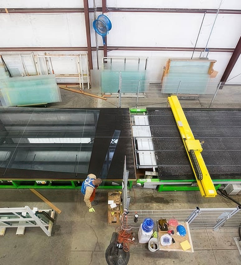 Overhead view of Dillmeier warehouse and automated glass cutter