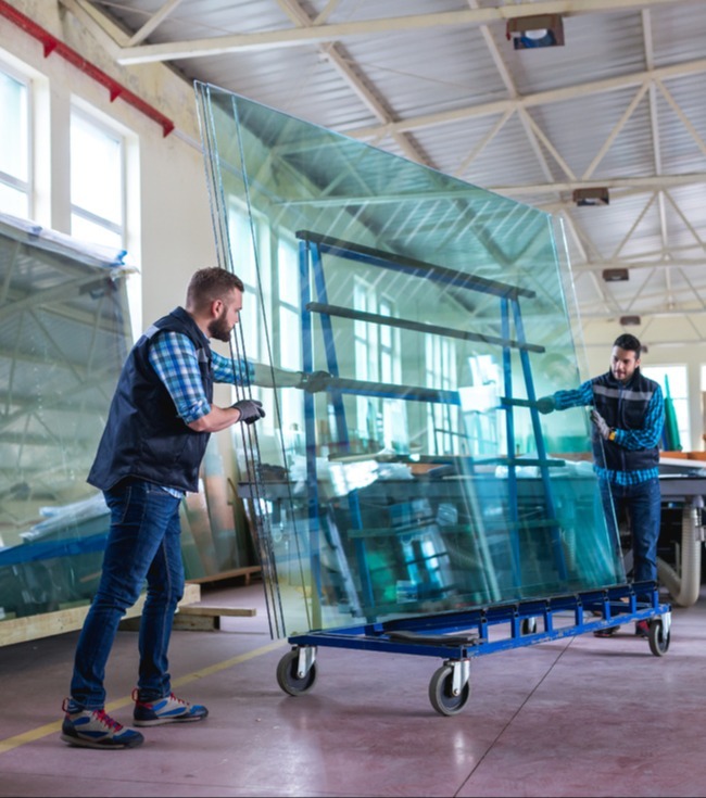 Two warehouse workers moving large pieces of glass