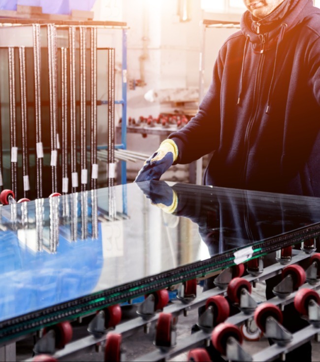 Worker handling large glass on rollers with gloves on