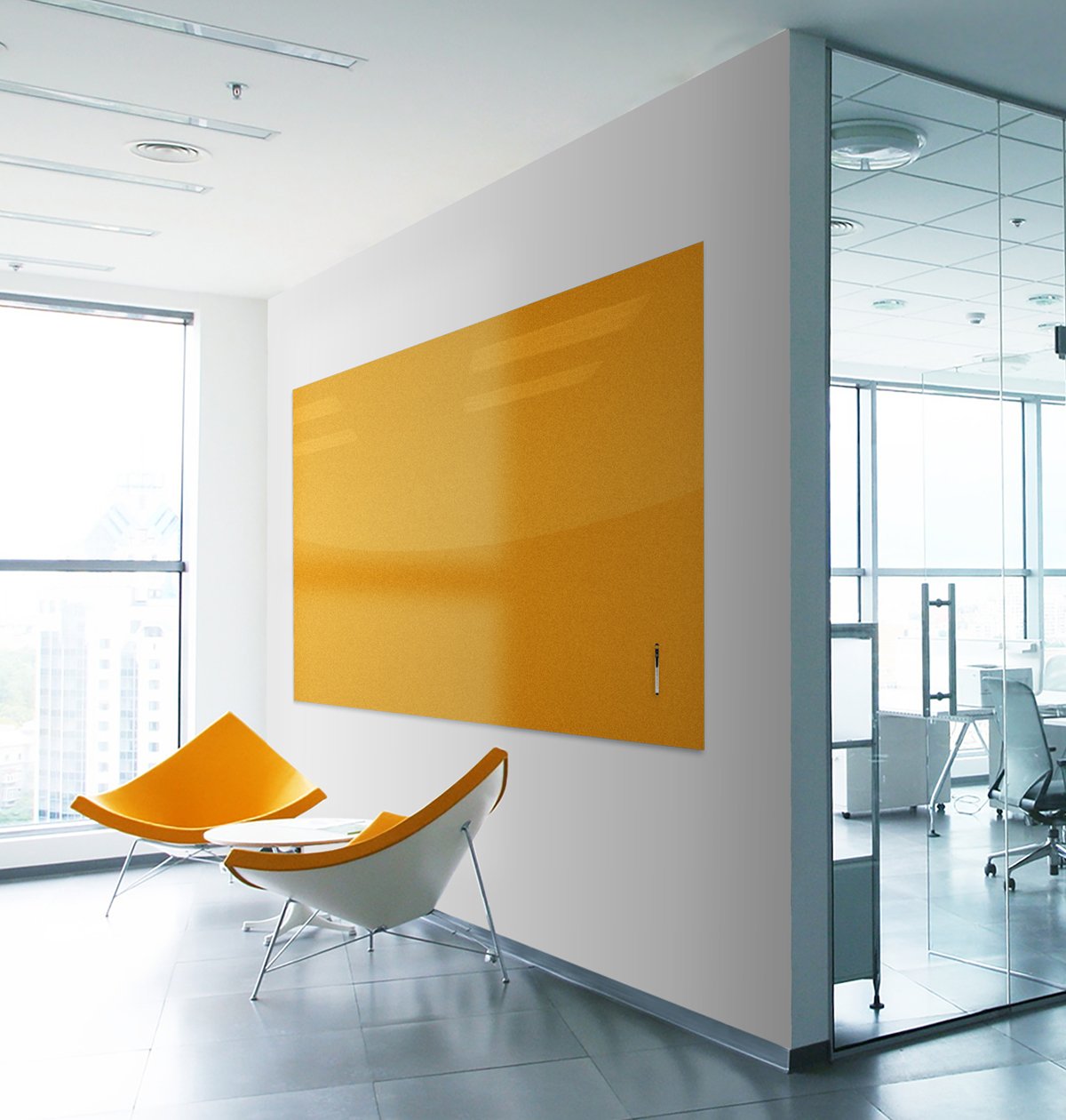 room with yellow markerboard and yellow chair