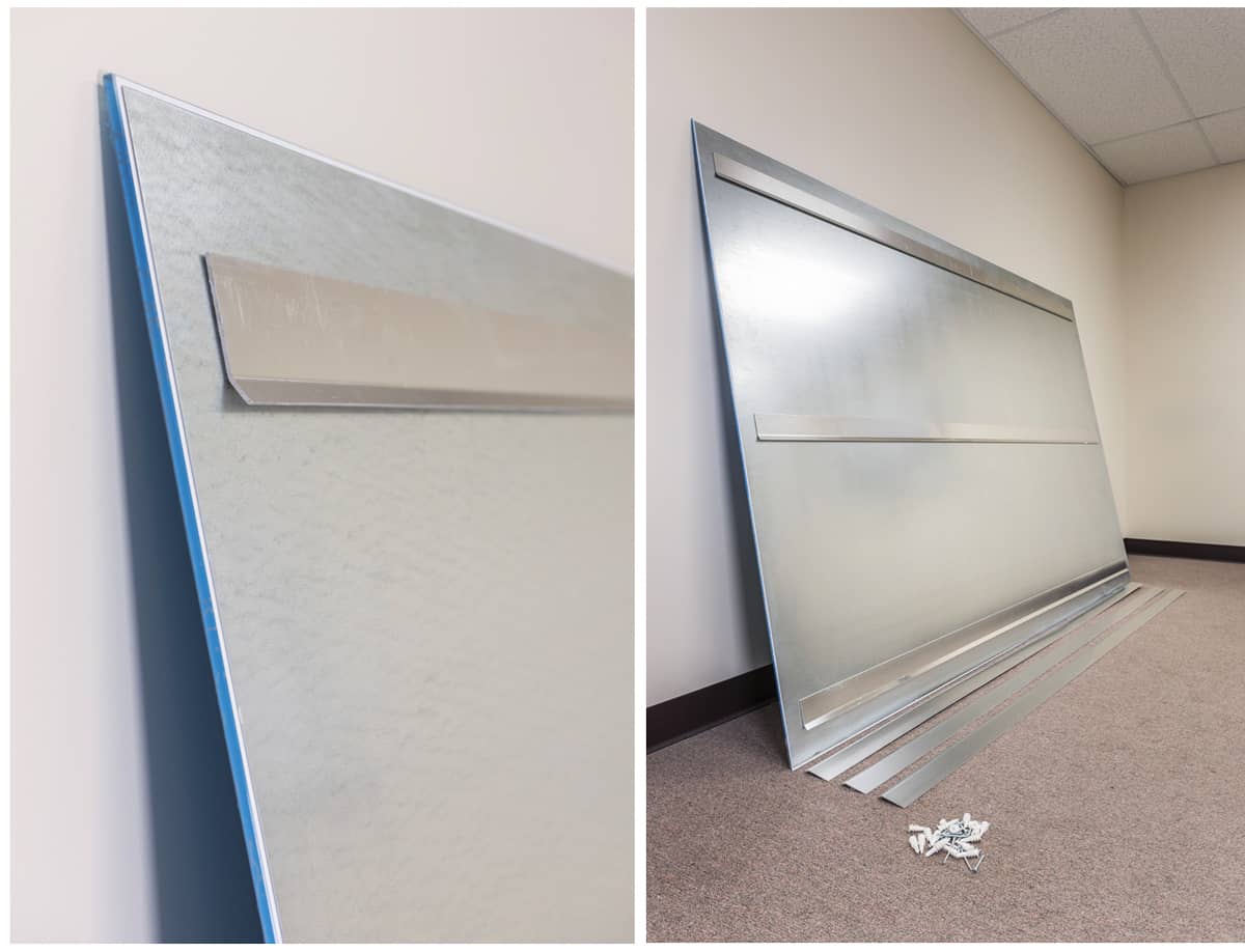 Close up images of the back of a markerboard being prepped for installation